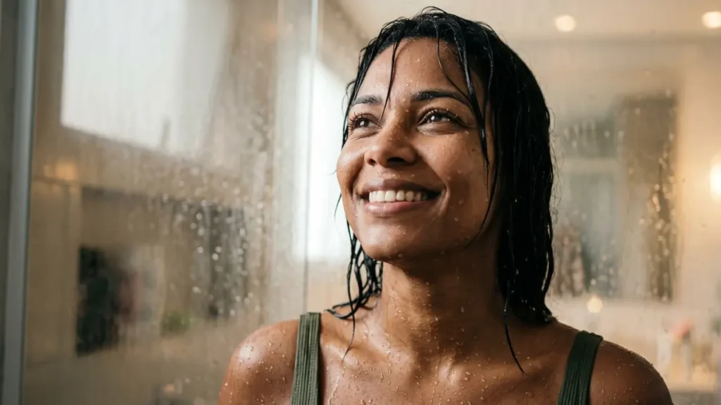 Mulher com corpo e cabelos molhados pelo golden shower.